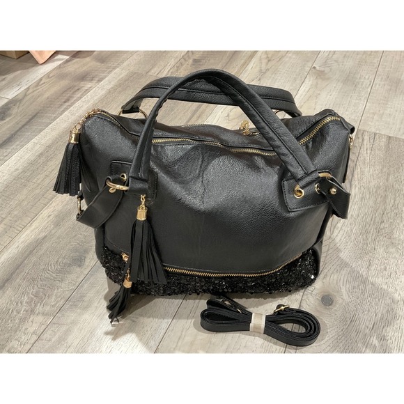 Coofit Handbags - Coofit Black Sequin Vegan Leather Satchel Crossbody Bag Tassel Gold Hardware